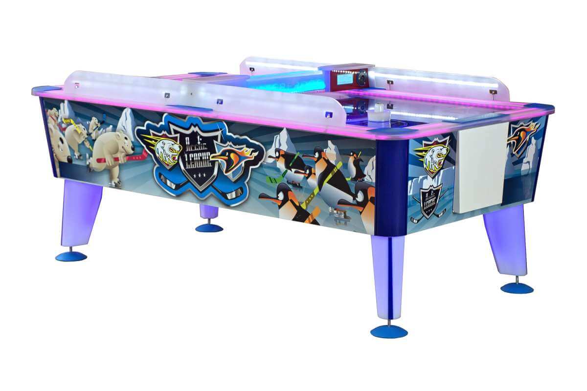 Wik Arctic Outdoor Commercial Air Hockey Table, full-size 8ft table with polished stainless steel playing surface and LED lighting.