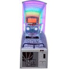 Front of The Big Show basketball arcade machine lit up, showing the hoop and score display
