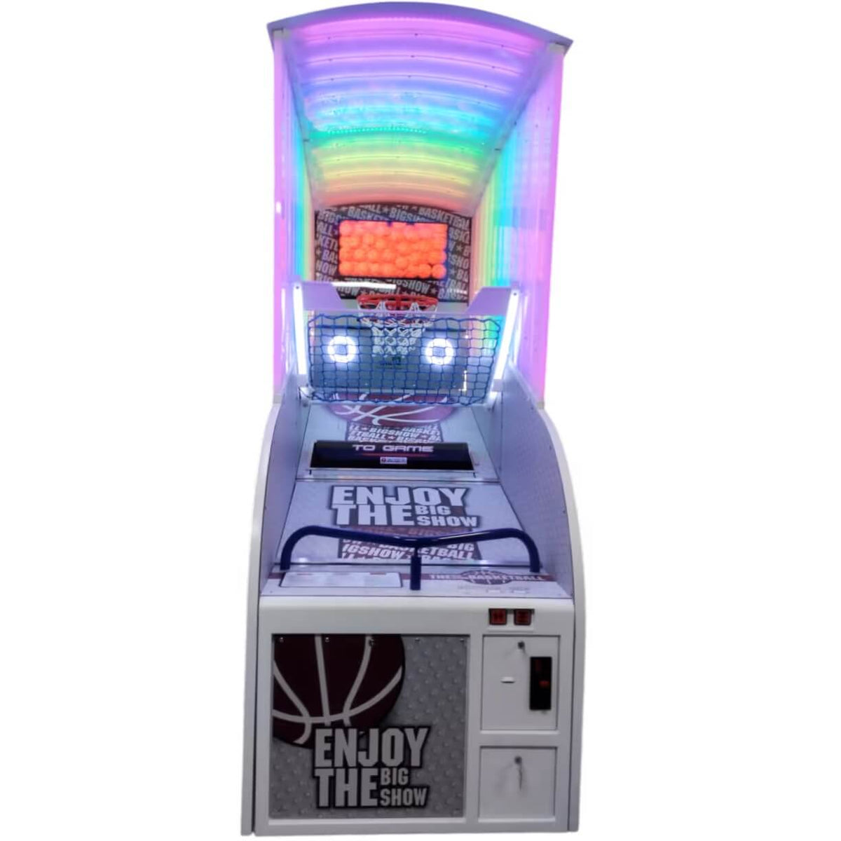 Front of The Big Show basketball arcade machine lit up, showing the hoop and score display