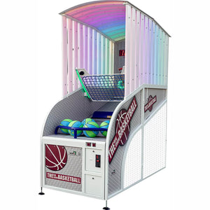 The Big Show basketball arcade machine by WIK with white cabinet, rainbow LED canopy and ball tray