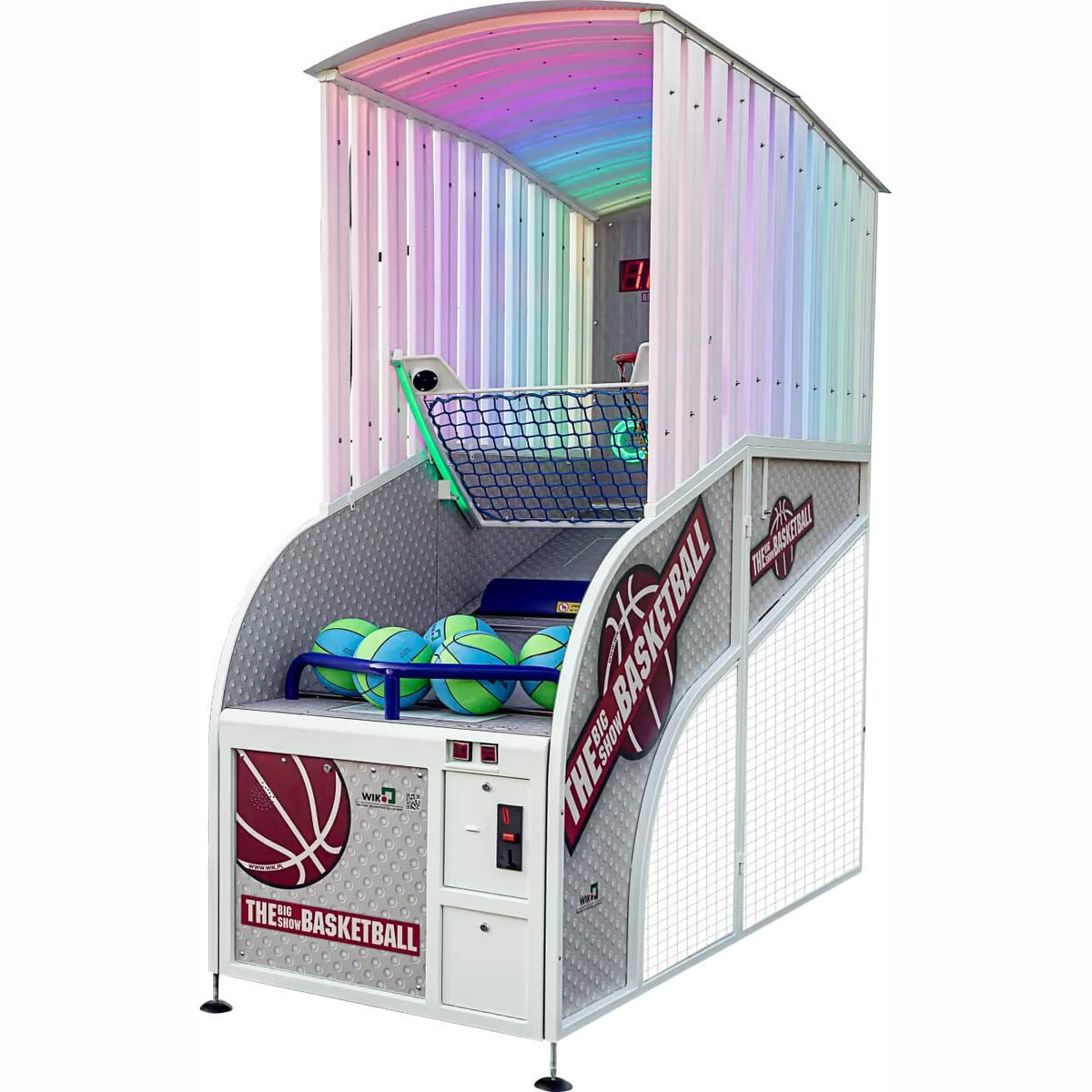 The Big Show basketball arcade machine by WIK with white cabinet, rainbow LED canopy and ball tray