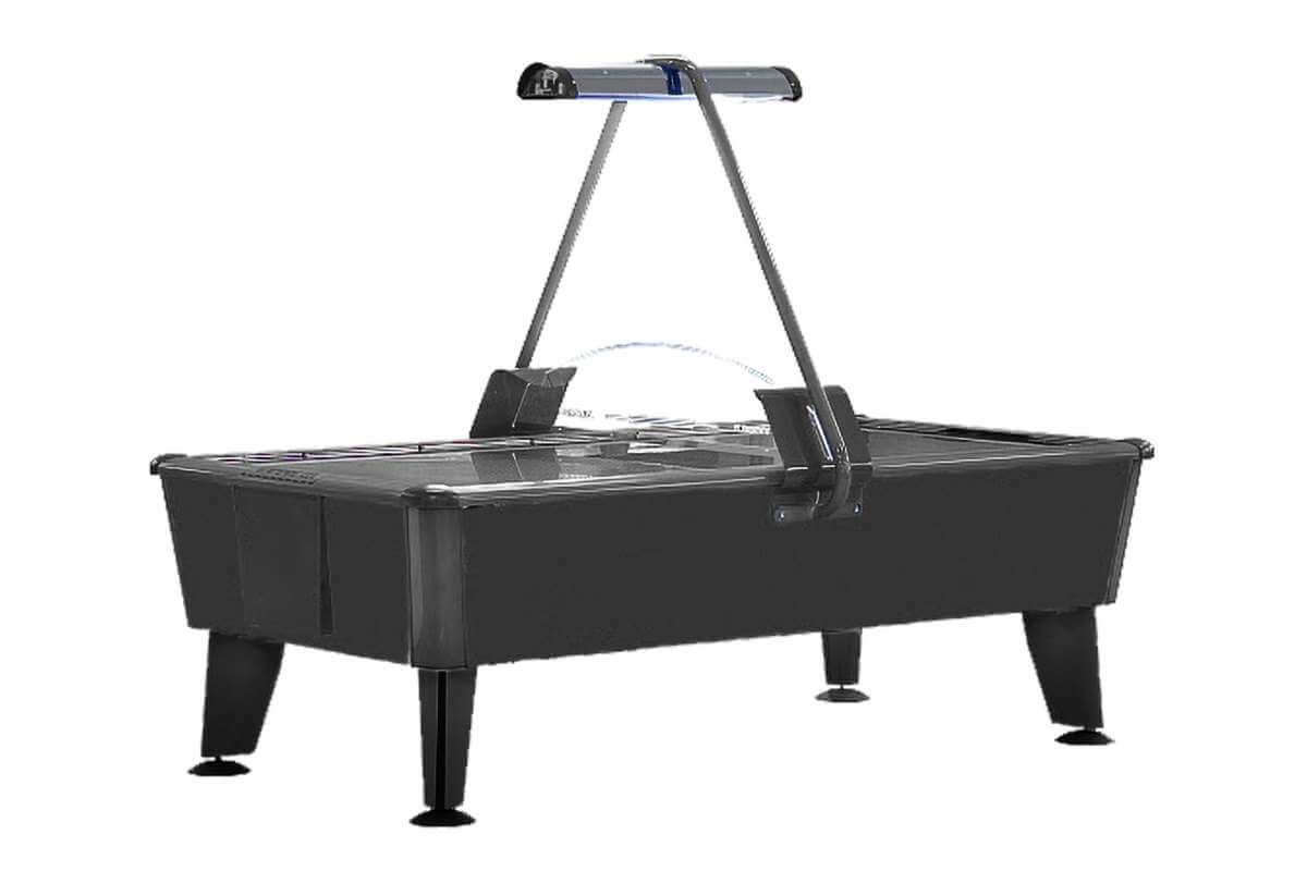 WIK Black commercial air hockey table with a black cabinet, stainless steel playing surface and LED lighting.