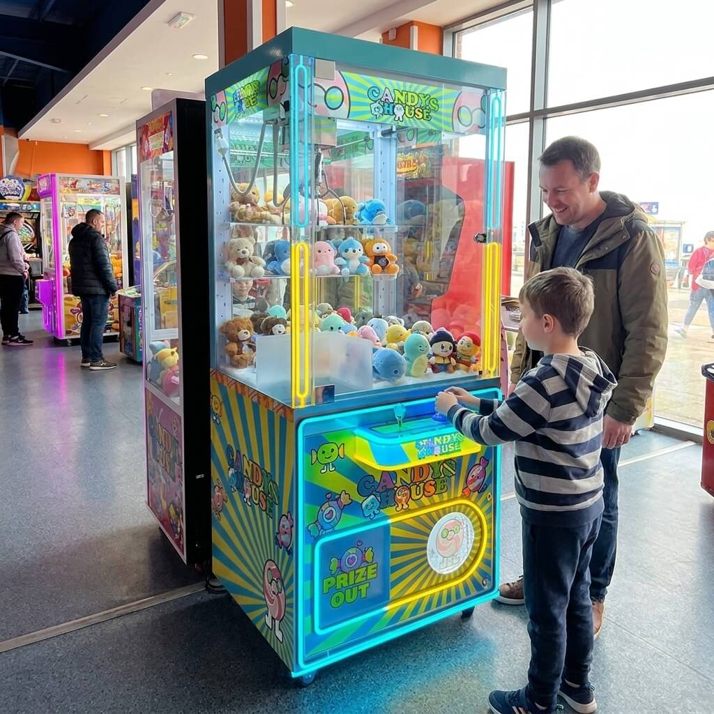 Boy playing the WIK Candy House claw machine while his dad watches in a seaside amusement arcade