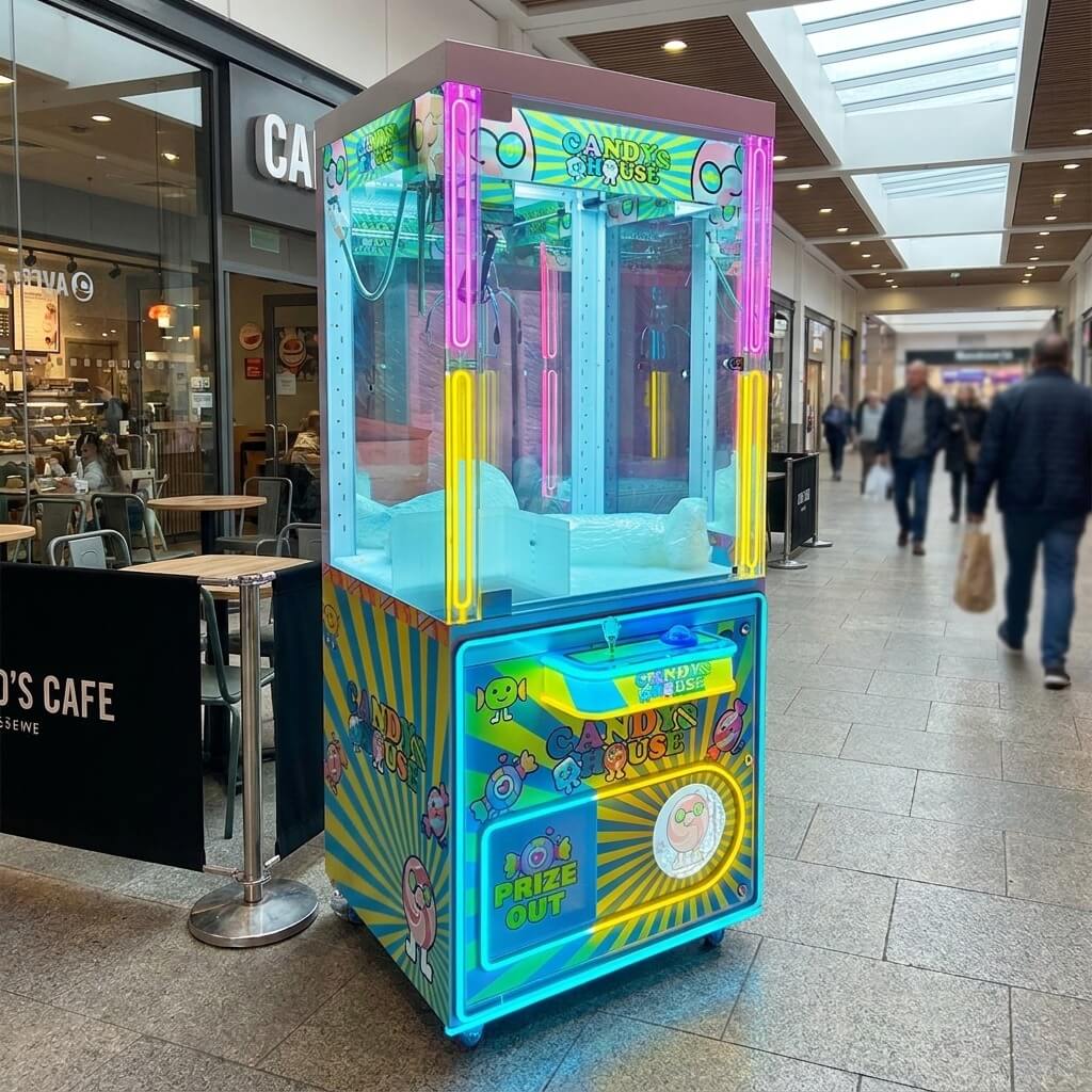 WIK Candy House claw machine in a shopping centre walkway next to a cafe