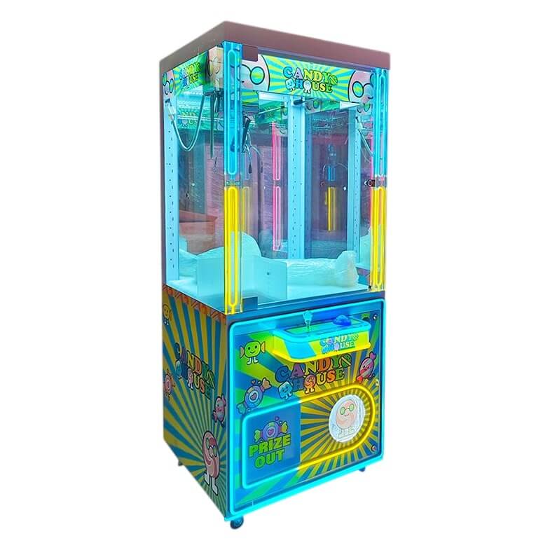 WIK Candy House arcade claw machine with blue and turquoise cabinet, candy artwork and lit Prize Out chute