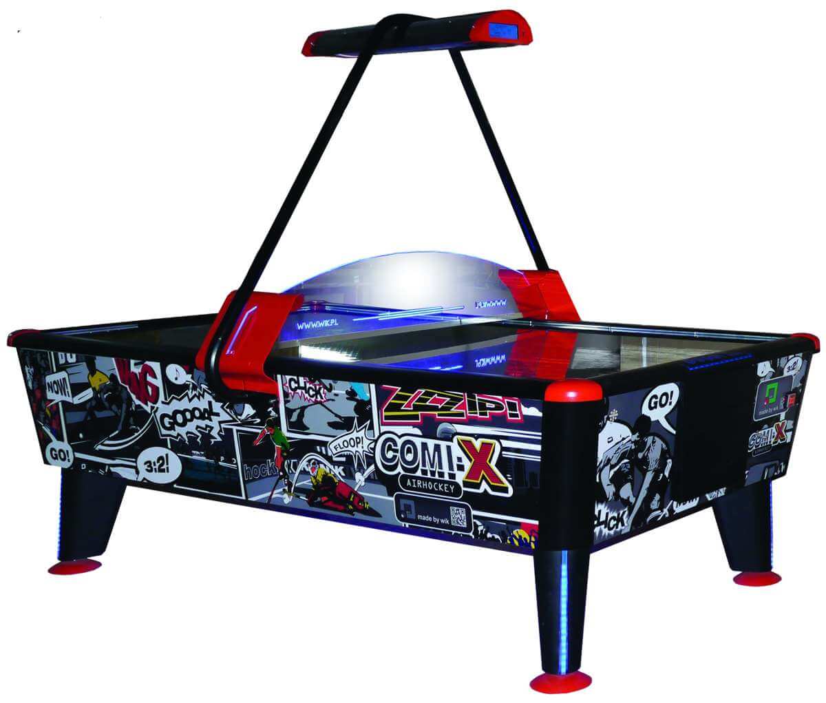 WIK Comix commercial air hockey table with stainless steel playing surface and LED lighting