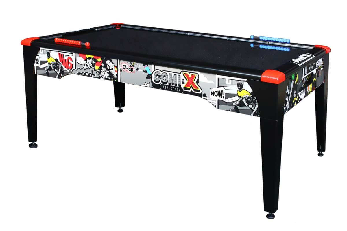 Dybior Comix Home air hockey table with a stainless steel playing surface, available in 5ft and 6ft sizes.