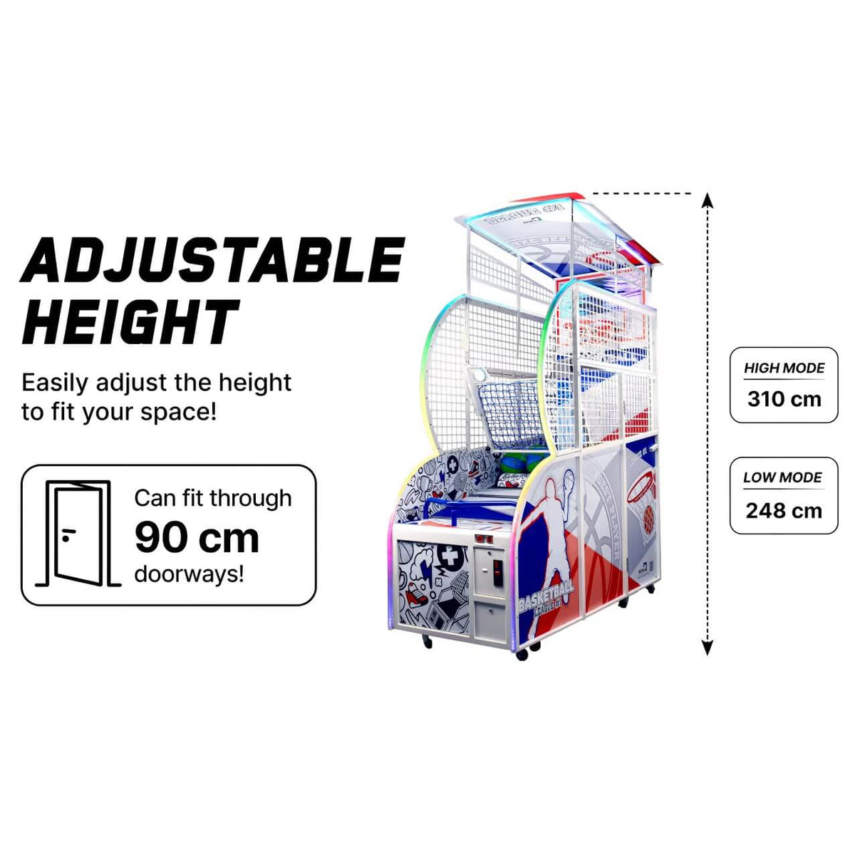 WIK Compact basketball machine graphic showing its adjustable height, low enough to fit through a 90cm doorway