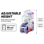 WIK Compact basketball machine graphic showing its adjustable height, low enough to fit through a 90cm doorway