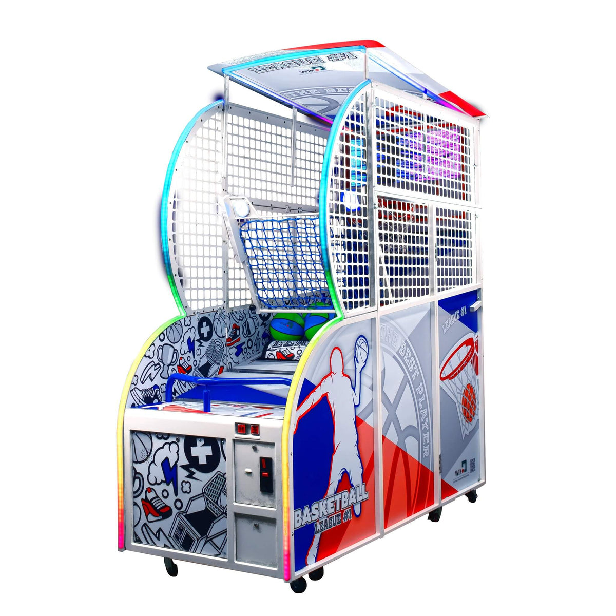 WIK Compact basketball arcade machine with LED-lit hoop frame and white, red and blue cabinet