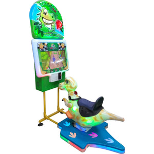 WIK Dragon Racer kiddie ride with a yellow dinosaur seat, screen cabinet and glowing blue stand