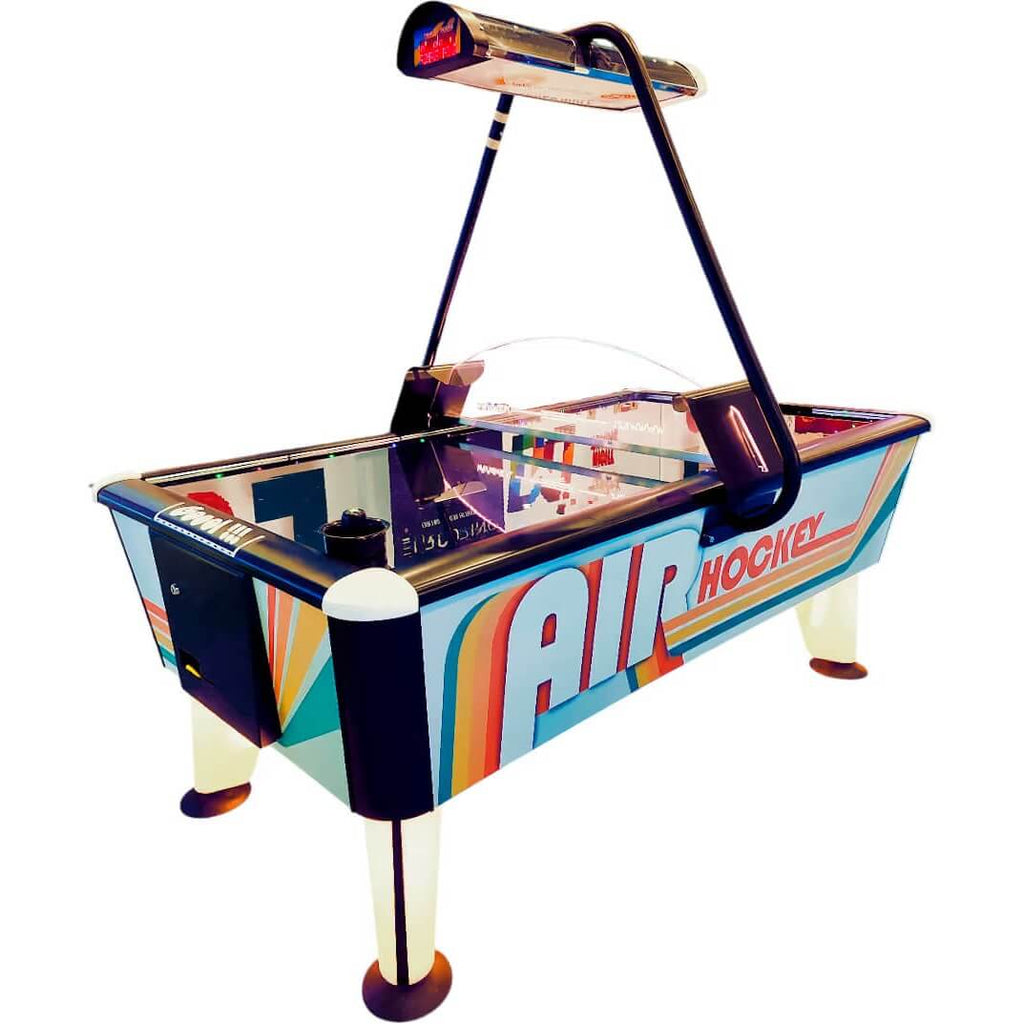 WIK Dusk 77 retro air hockey table with rainbow graphics and overhead LED lamp