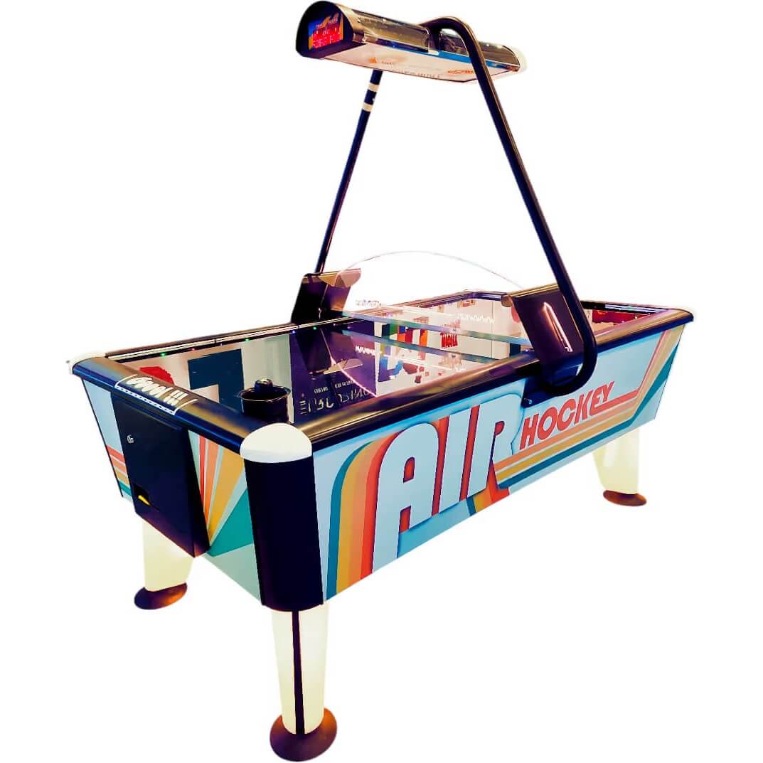 WIK Dusk 77 retro air hockey table with rainbow graphics and overhead LED lamp