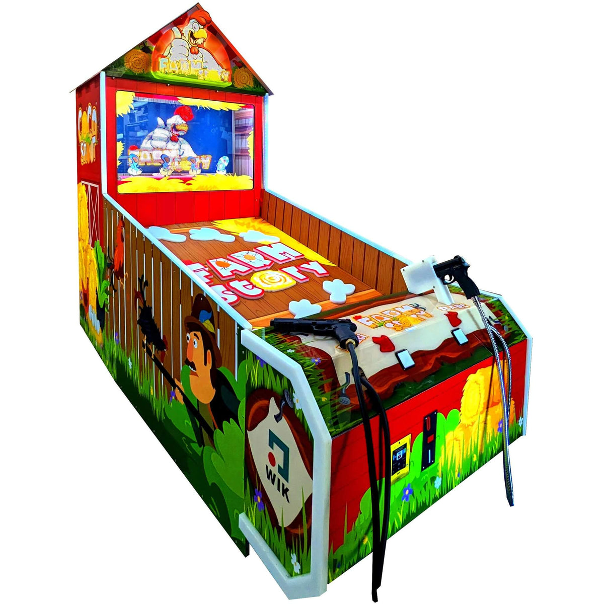 WIK Farm Story laser shooting arcade machine with barn-shaped cabinet, screen and two laser guns
