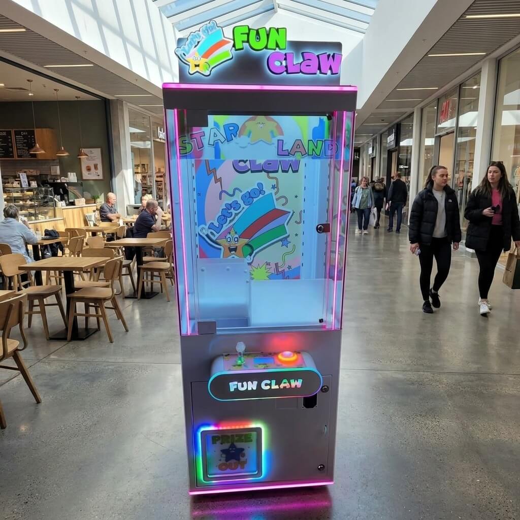 WIK Fun Claw claw machine in a shopping centre walkway next to a cafe
