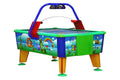 WIK commercial air hockey table in the GameLand design, blue, green and red cabinet with digital scoreboard.
