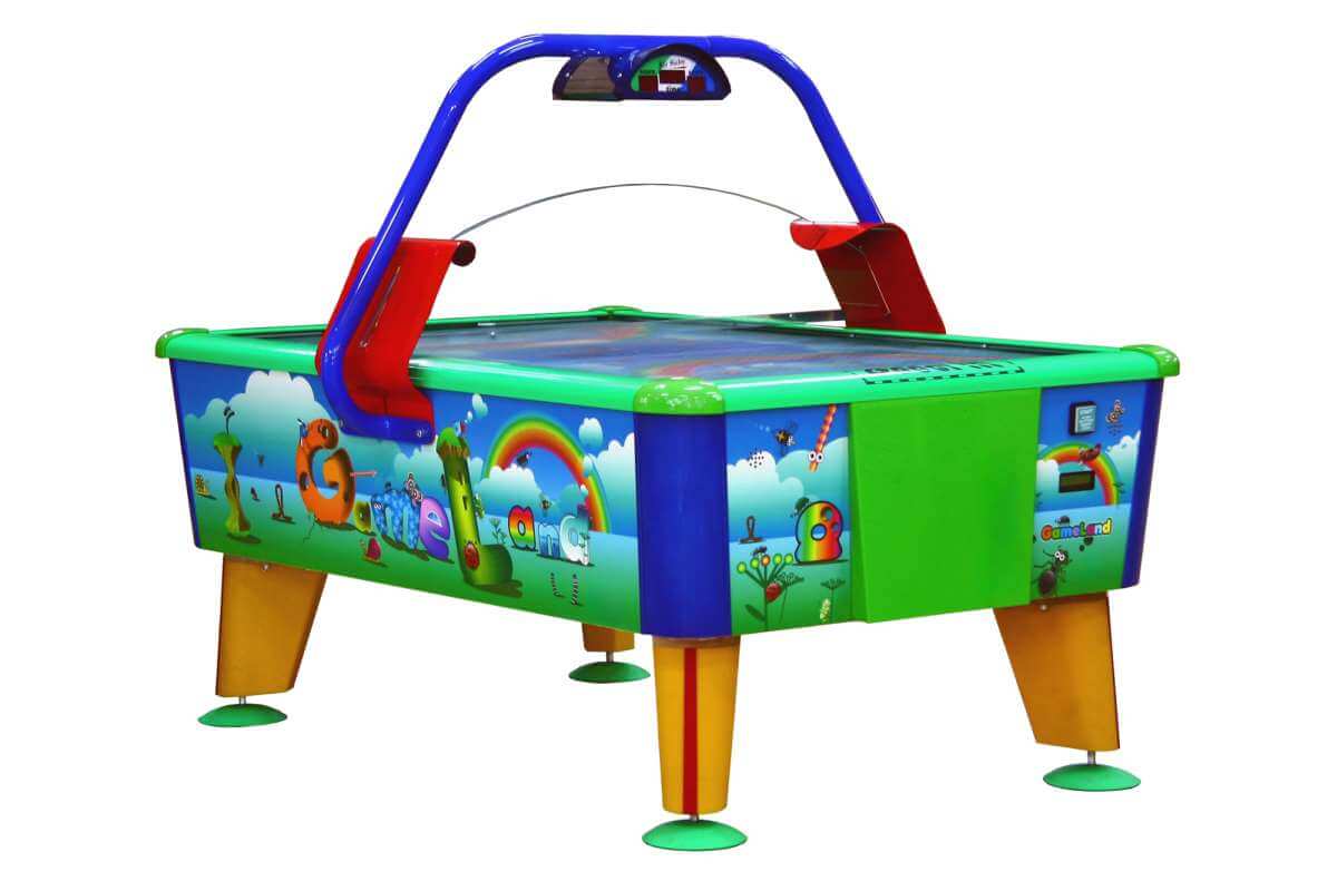 WIK commercial air hockey table in the GameLand design, blue, green and red cabinet with digital scoreboard.