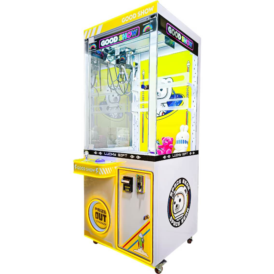 WIK Good Show arcade claw machine with yellow and white cabinet, LED-lit Good Show sign, Space Bear artwork and joystick control panel
