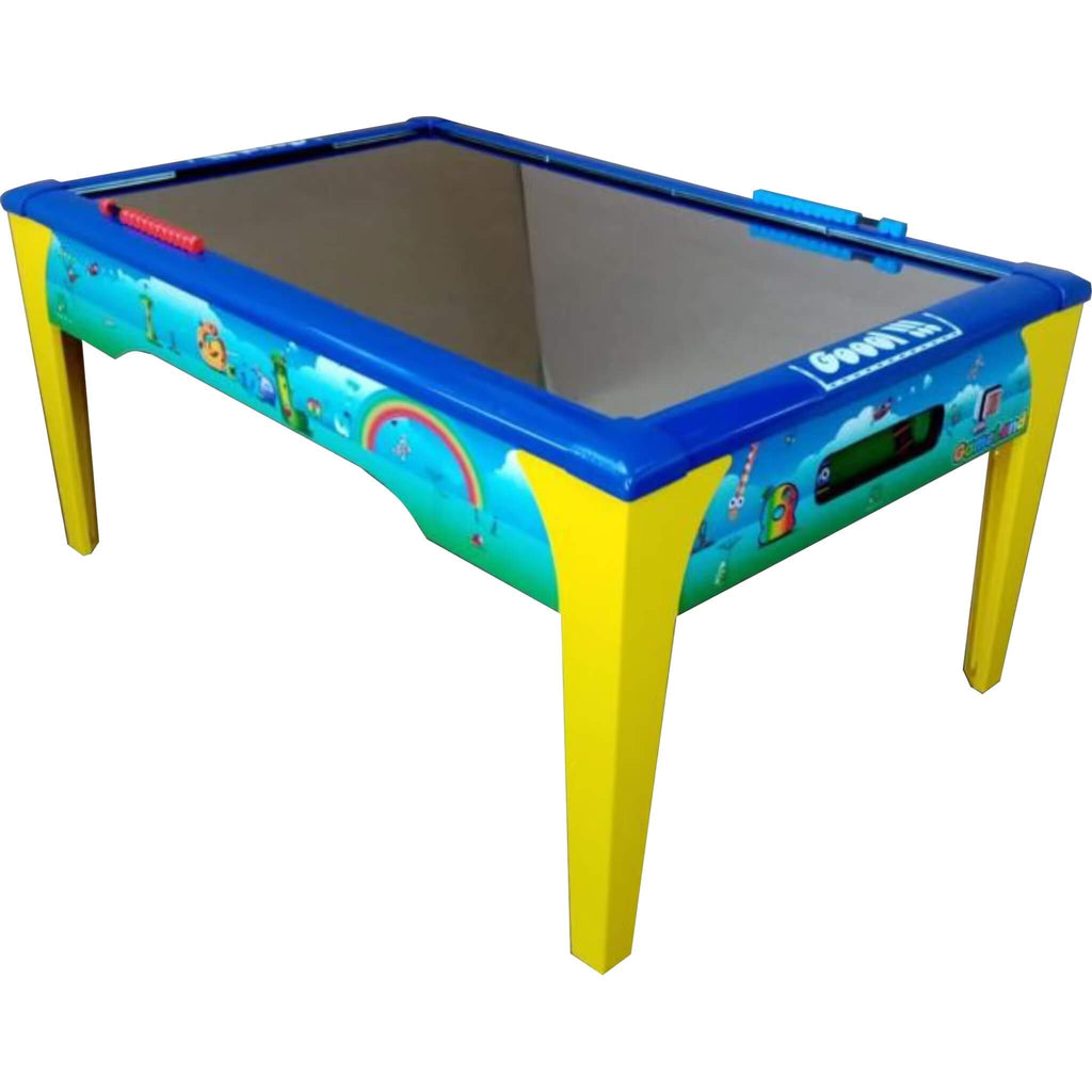 WIK Home air hockey table seen from above the corner, showing the playfield and goal