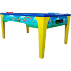WIK Home air hockey table with blue rails, yellow legs and rainbow cartoon artwork, seen from the side