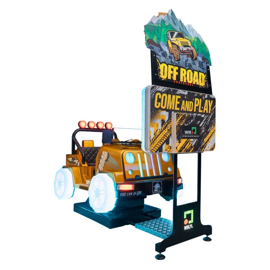 WIK Jeep Off-Road kiddie ride seen from the side with its Off Road sign