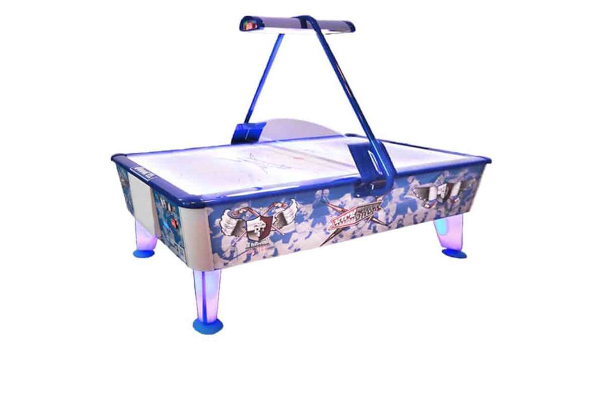 WIK Kick Shot commercial air hockey table with black cabinet, stainless steel playing surface and LED lighting