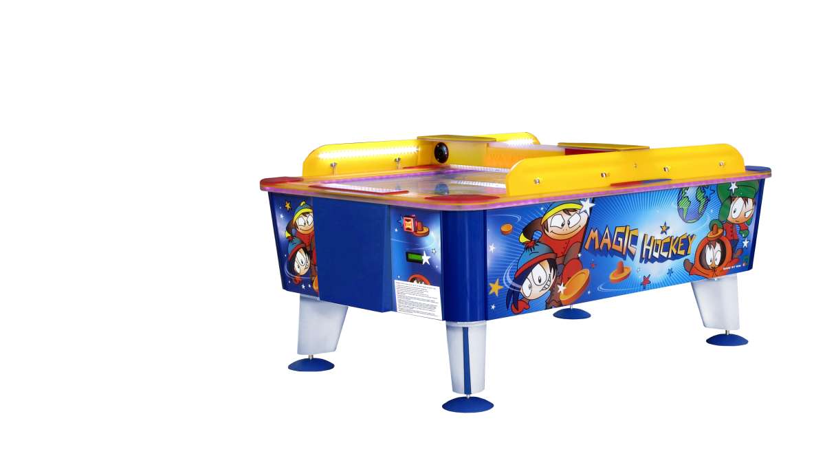 WIK Magic Outdoor air hockey table, a weatherproof commercial cabinet in blue, yellow and white with digital scoreboard and LED lighting.