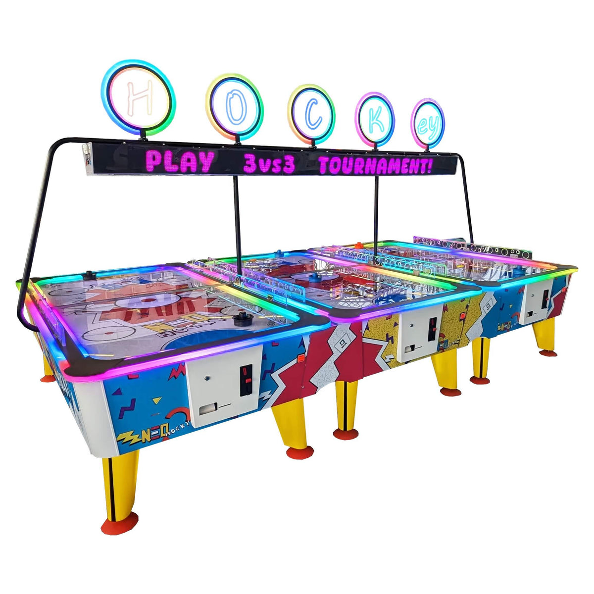 WIK Neo commercial air hockey tables shown linked as a triple with a 3 vs 3 tournament header; the Neo Single is one of these cabinets sold on its own