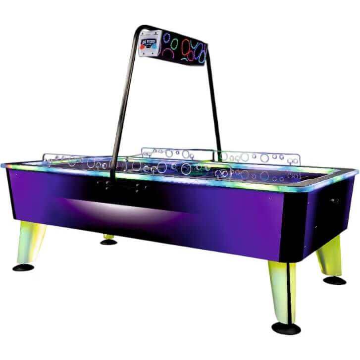 WIK Neo Violet commercial air hockey table with purple cabinet, glowing legs and overhead lamp