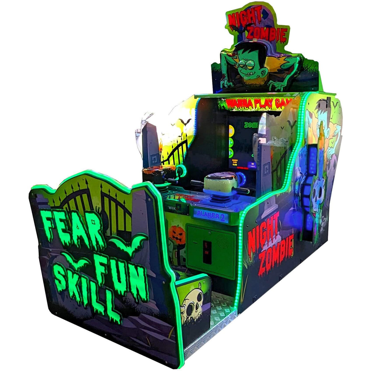 WIK Night Zombie water gun arcade machine with graveyard gates, green lighting and zombie topper