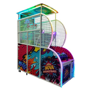 WIK Nova basketball arcade machine from the front showing the hoop, screen and ball ramp