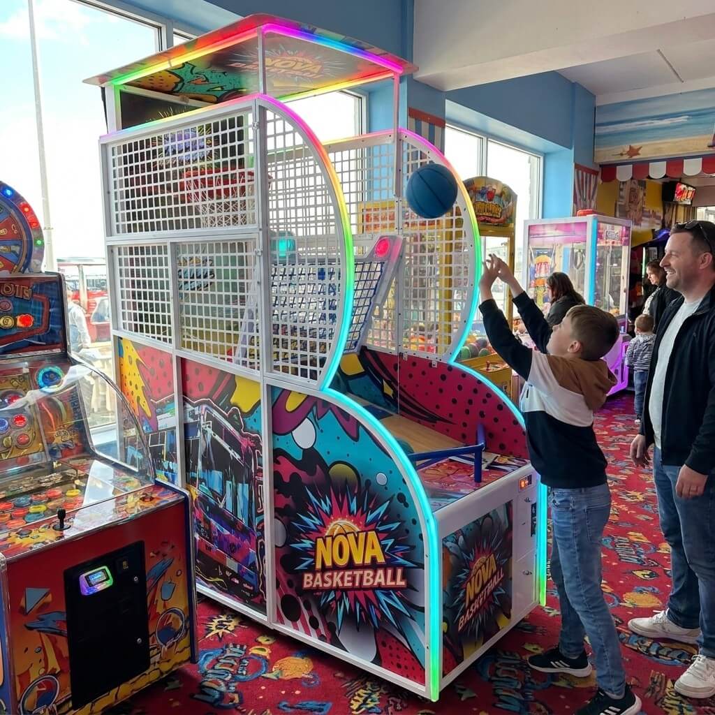 WIK Nova basketball arcade machine in a UK seaside arcade with a child playing