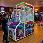 Two teenagers playing WIK Nova basketball at a bowling alley in the evening