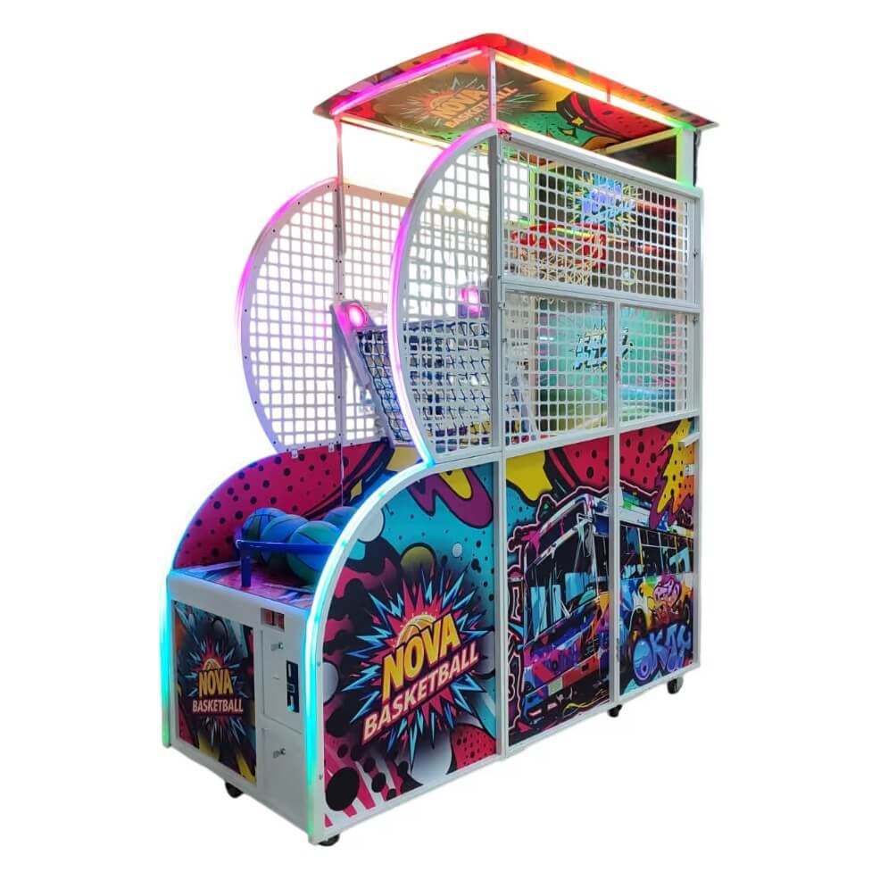 WIK Nova basketball arcade machine with white cage, rainbow LED canopy and colourful cabinet