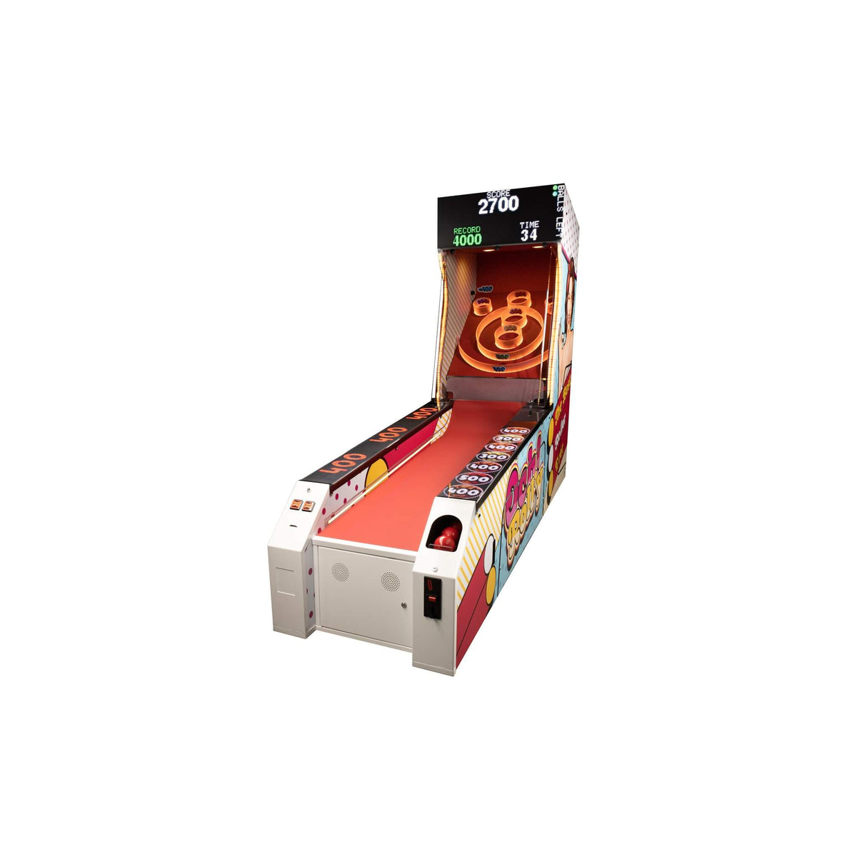 Full length of the WIK Och! Roll'y alley bowler, showing the red lane and score display