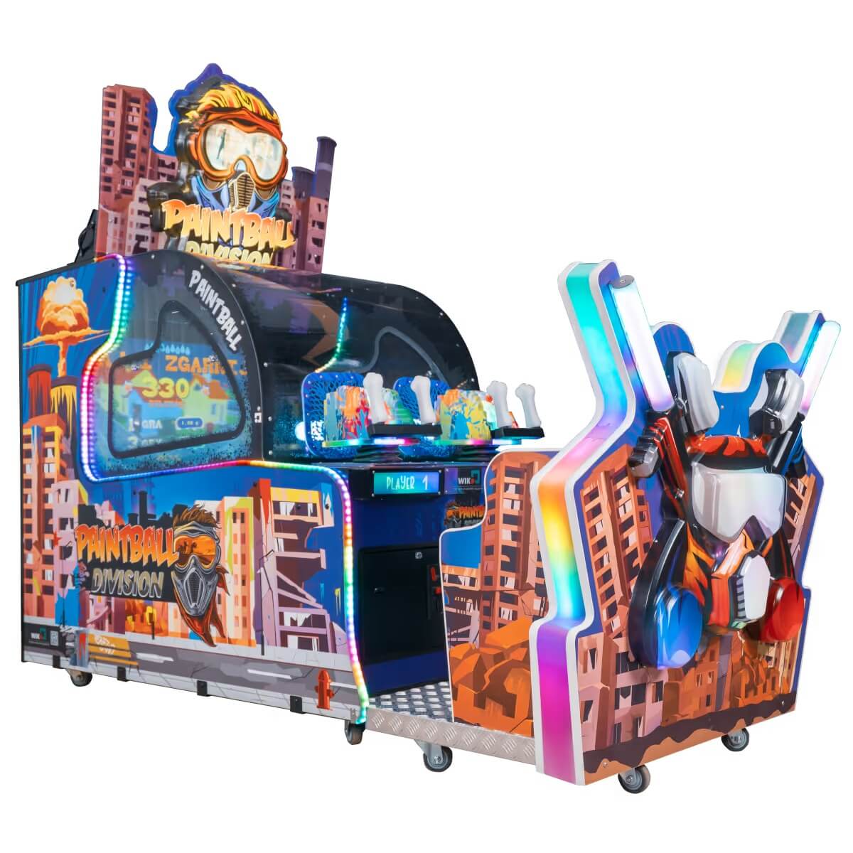 WIK Paintball Division ball shooting arcade machine with city artwork, screen and mounted ball guns