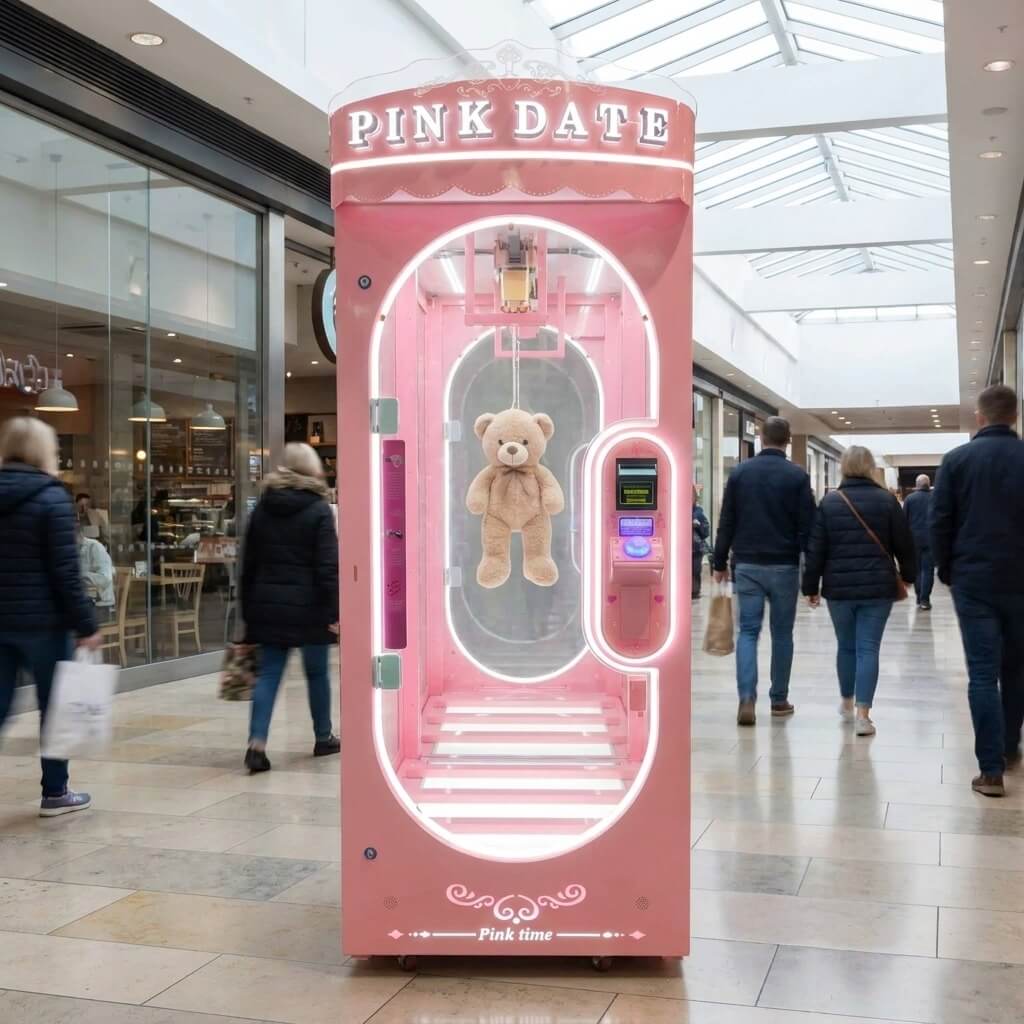 Pink WIK Pink Date prize machine in a shopping centre walkway next to a cafe