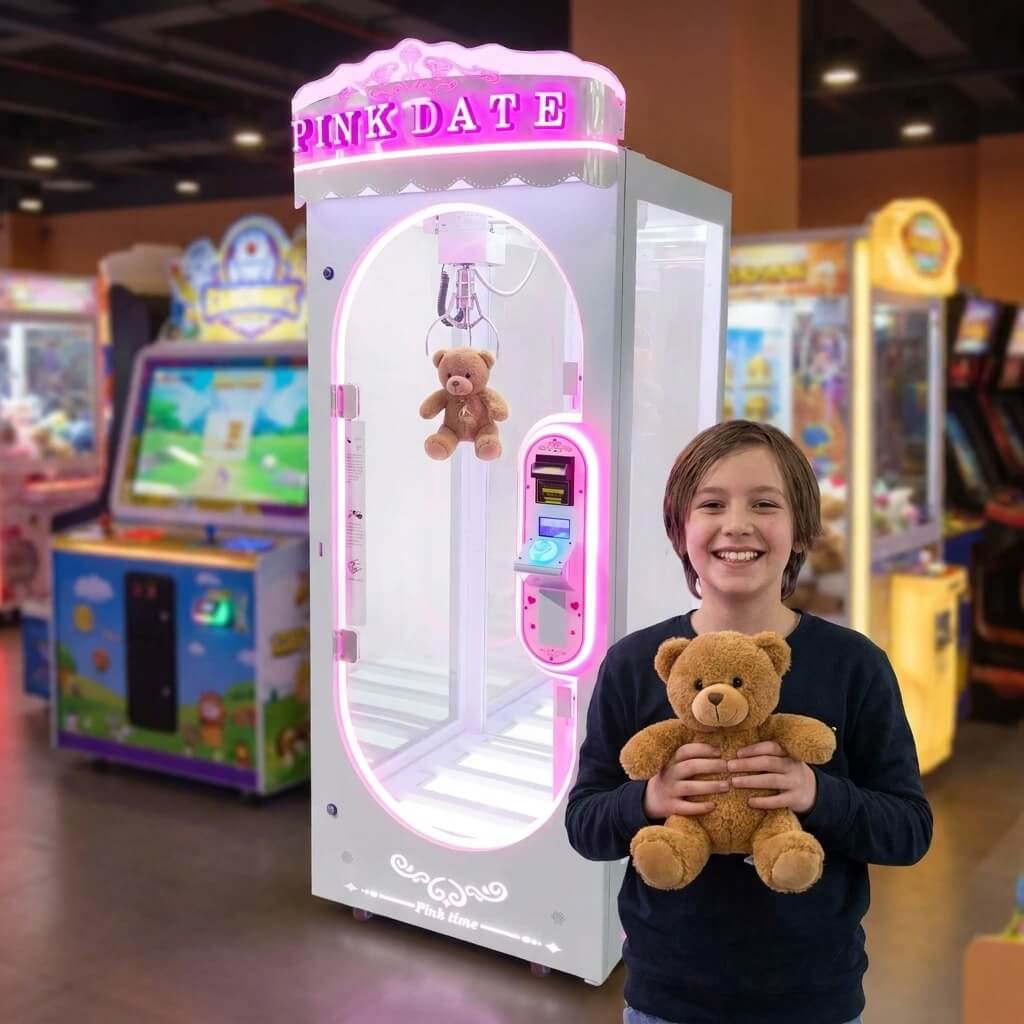 Smiling boy holding a teddy bear won from the white WIK Pink Date in a family entertainment centre