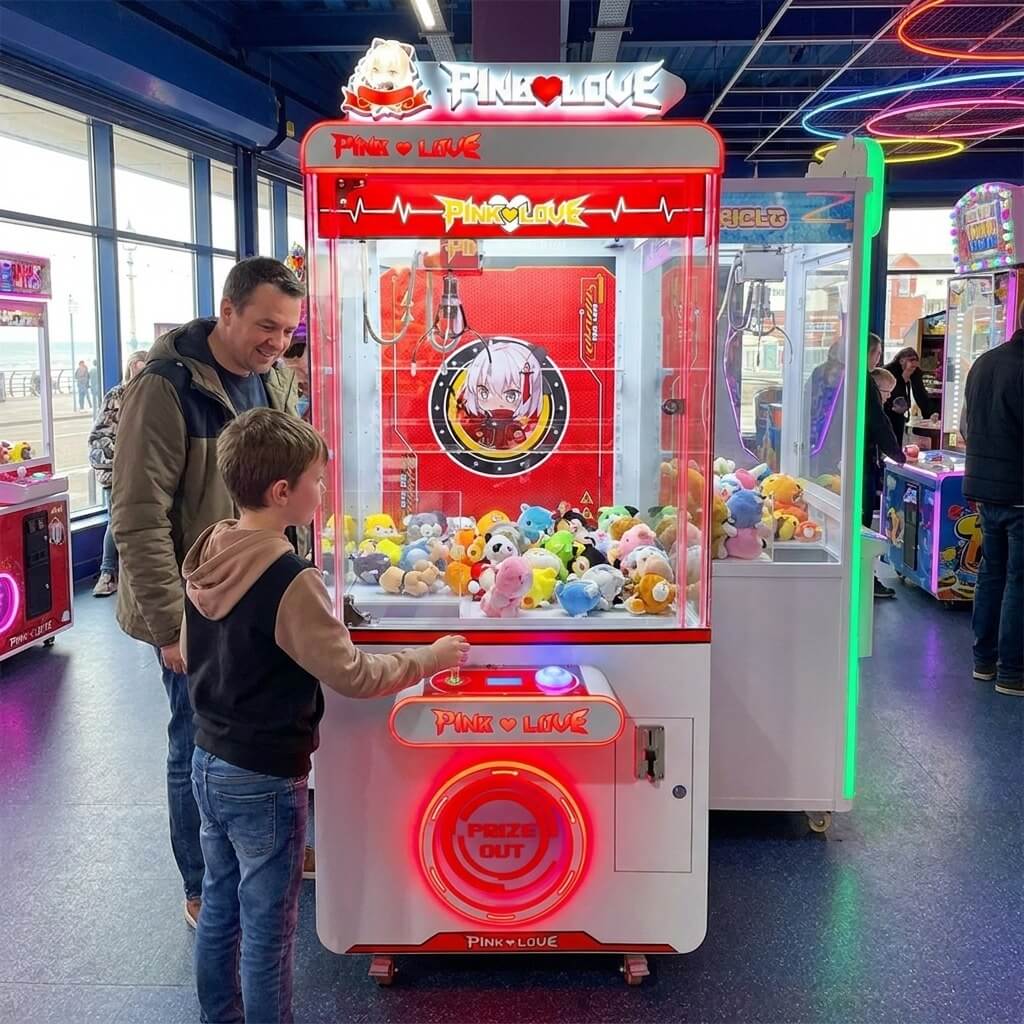 Boy playing the WIK Pink Love claw machine while his dad watches in a seaside amusement arcade