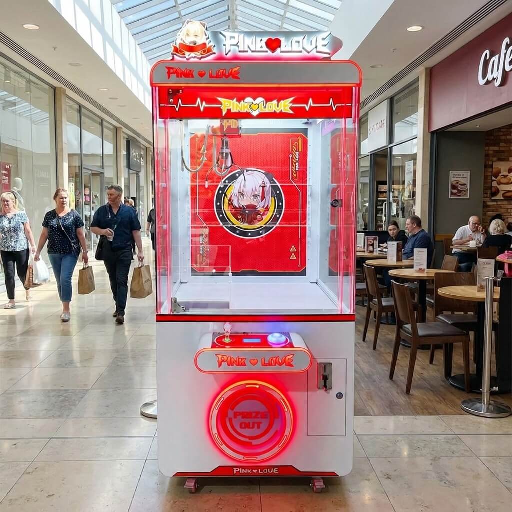 WIK Pink Love claw machine in a shopping centre walkway next to a cafe