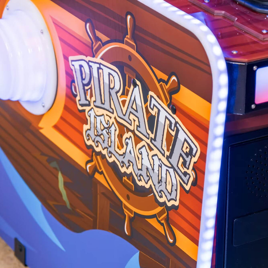 Pirate Island logo on the side panel of the WIK water gun arcade machine