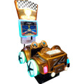 WIK Racing Cars kiddie ride with gold car body, light-up wheels and racing screen
