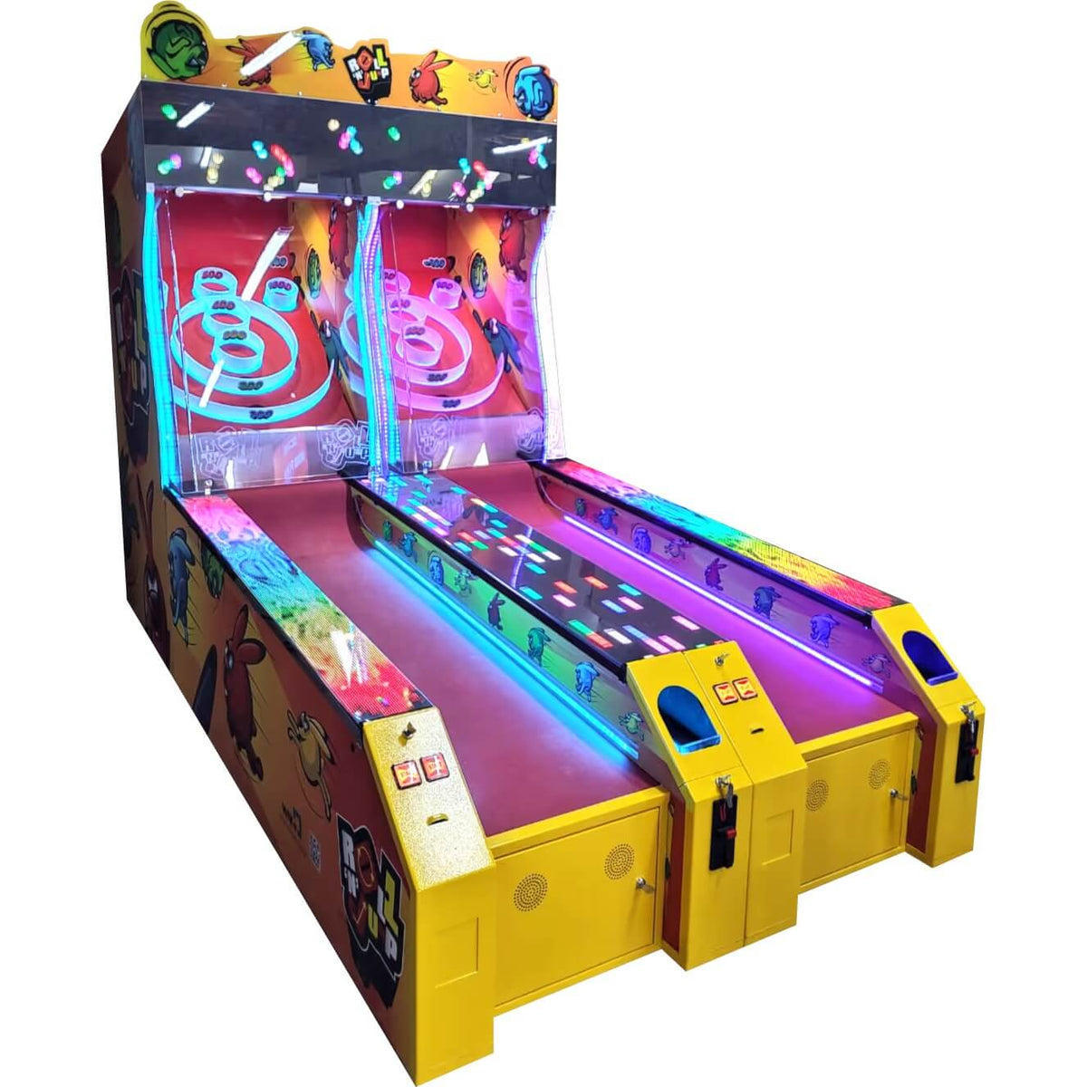 Two WIK Roll'N'Jump ticket arcade machines side by side with lights on