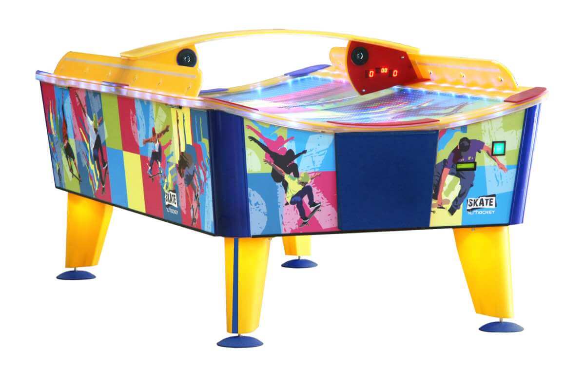 WIK Skate 8ft outdoor air hockey table with LED lighting and digital scoring, set up outdoors