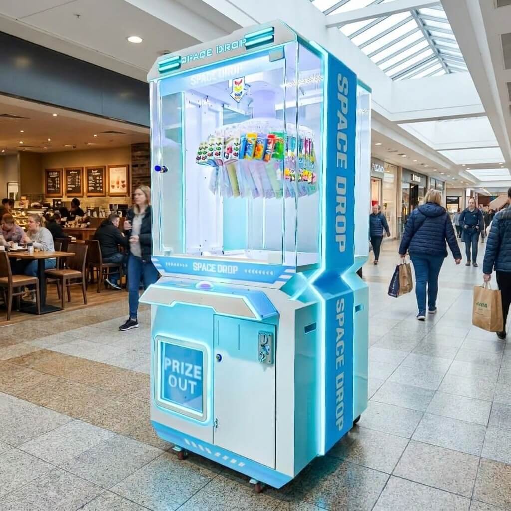 WIK Space Drop prize machine in a shopping centre walkway next to a cafe