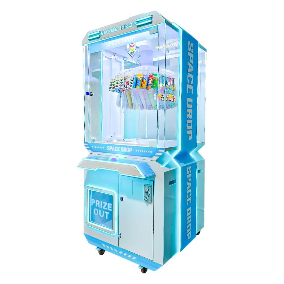 WIK Space Drop prize machine with light blue and white cabinet, prizes on clips and Prize Out door