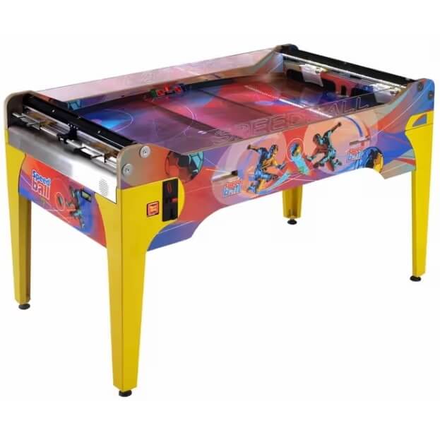 WIK Speedball table in the white version with colourful sports artwork and yellow legs