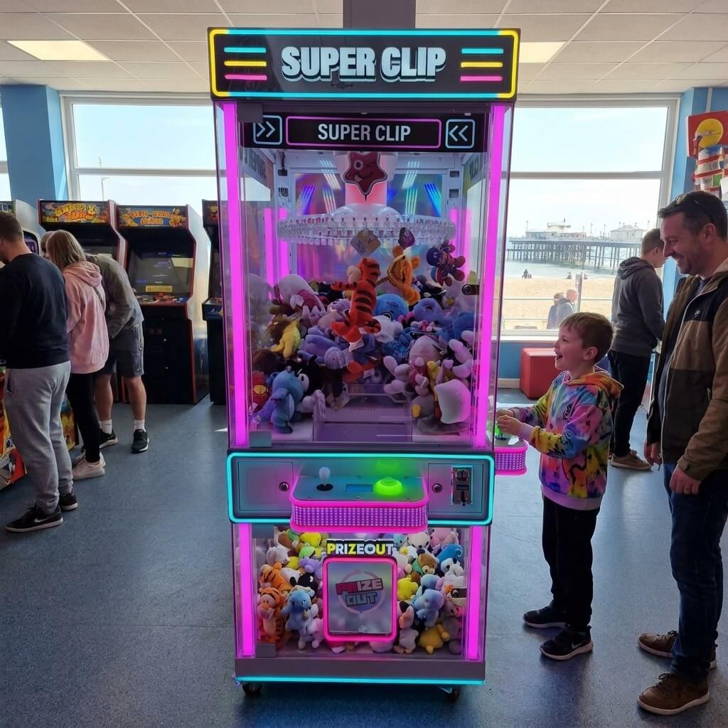 Boy playing the WIK Super Clip prize machine while his dad watches in a seaside amusement arcade