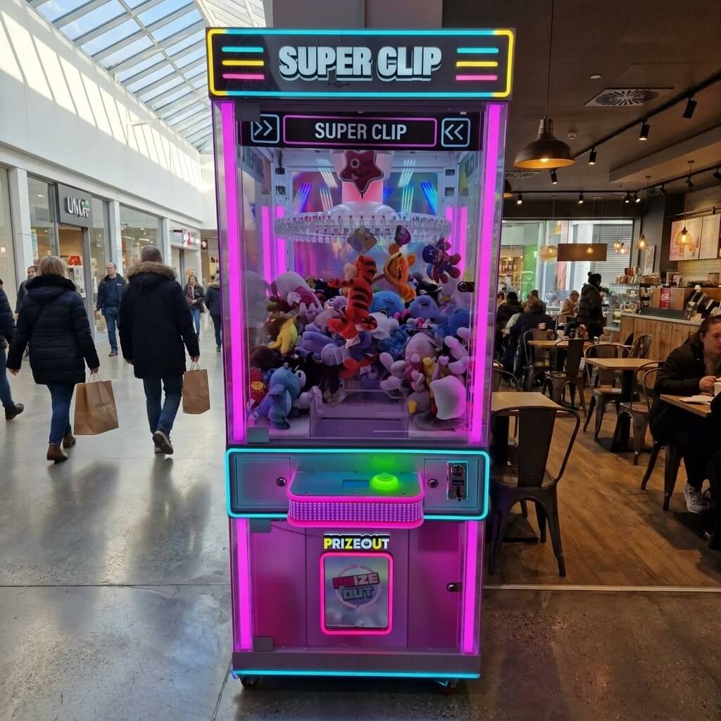 WIK Super Clip prize machine in a shopping centre walkway next to a cafe