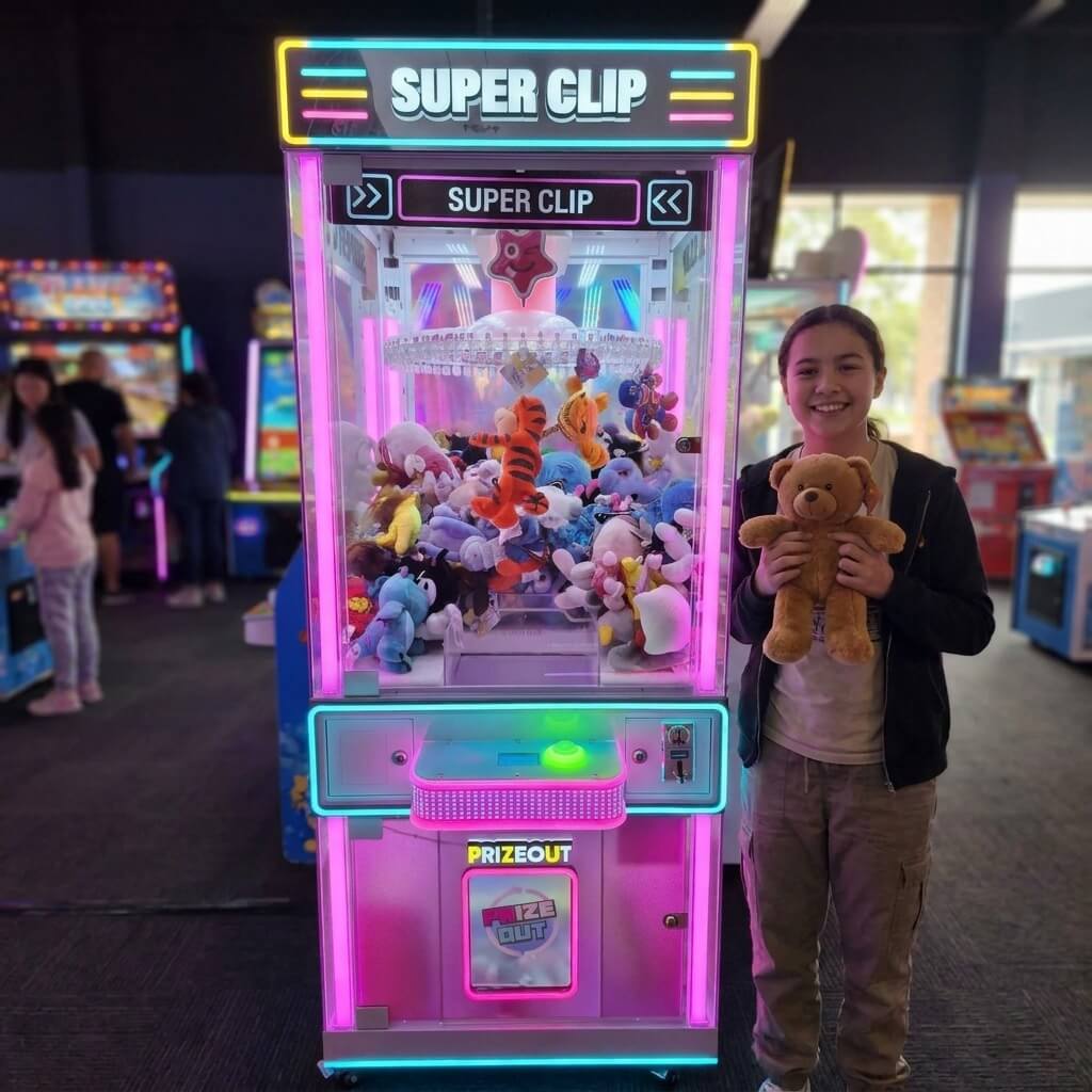 Smiling girl holding a teddy bear won from the WIK Super Clip prize machine in a family entertainment centre